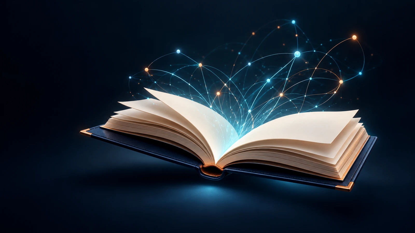 Cuaderno abierto con conexiones luminosas de conocimiento